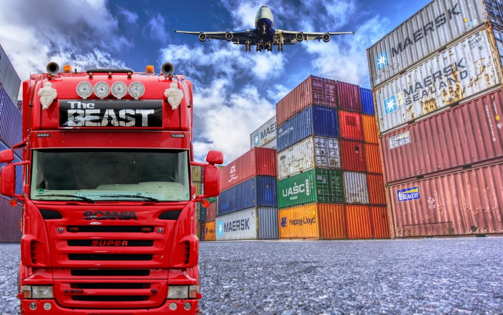 logistics, truck, container, plane, shipping, supply, chain